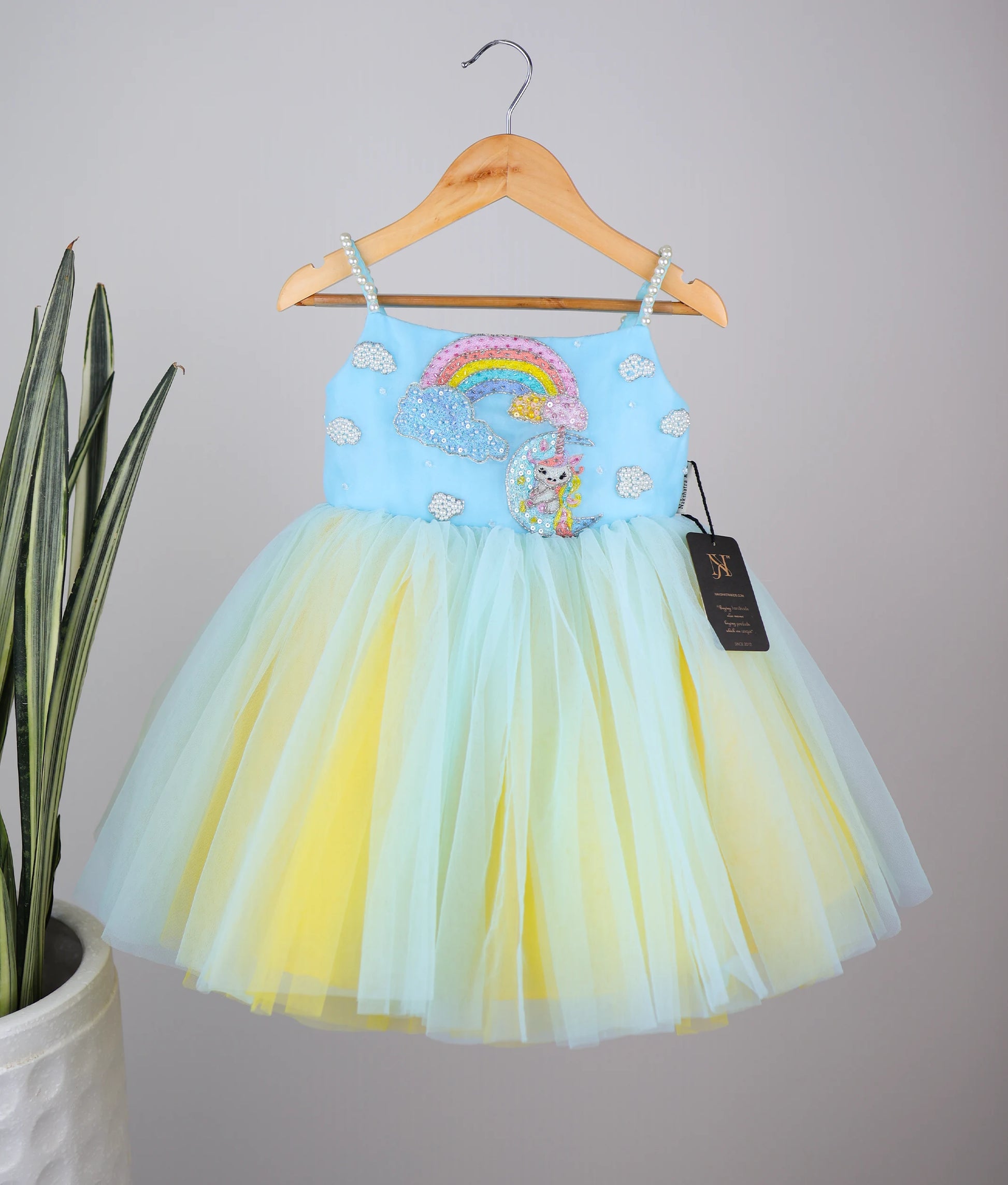 Pastel Unicorn Dress for Girls with Tulle Skirt Pearl Straps