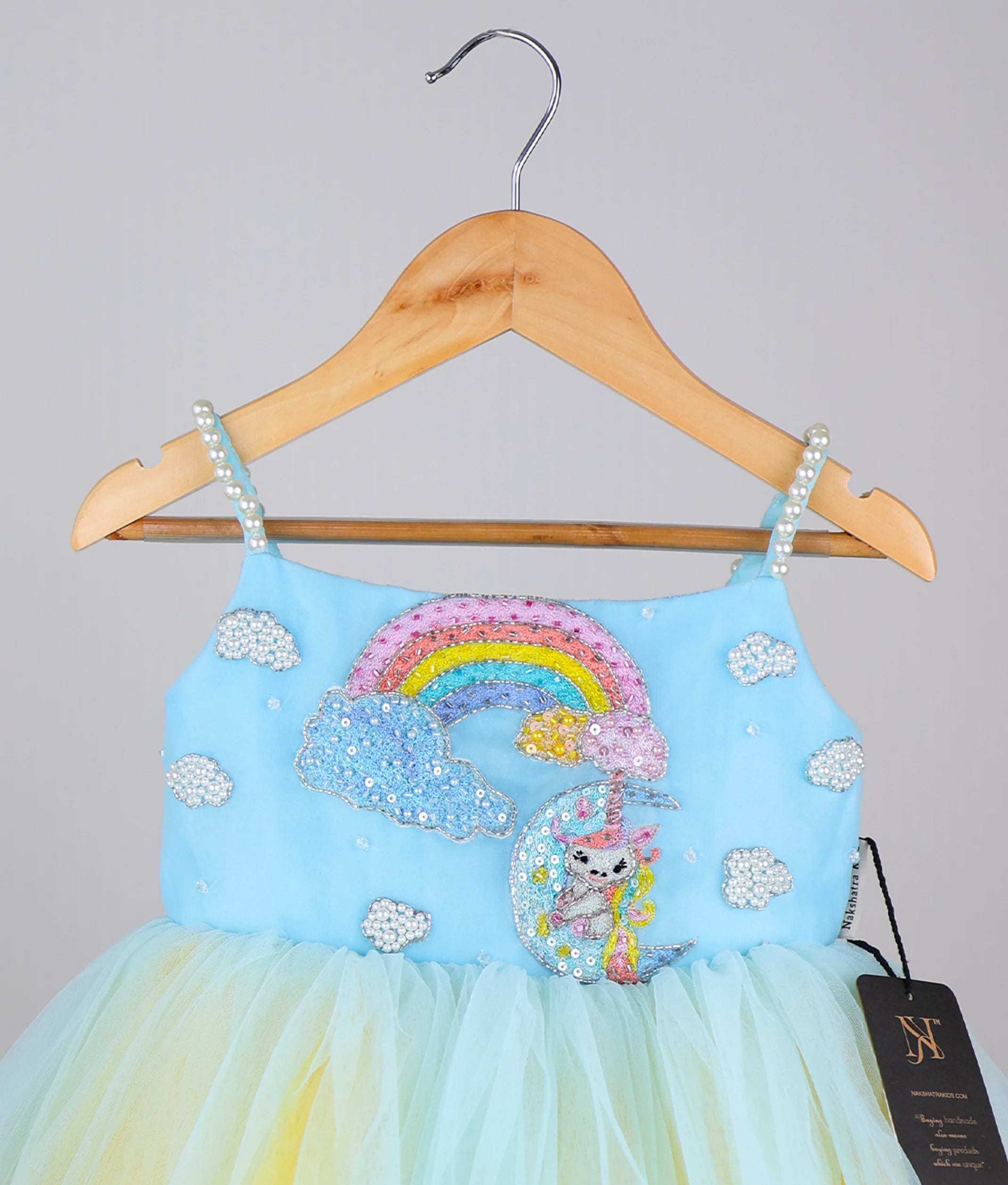 Sky Blue Handworked Organza Yoke With Multi Colour Skirt Frock Theme Dress For Baby Girl [Pre Order: 5181]