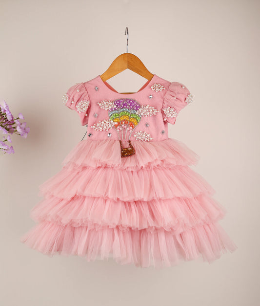 Pink Tulle Net Handworked Rainbow Theme Step Birthday Frock For Baby Girl [Pre-order :5182]