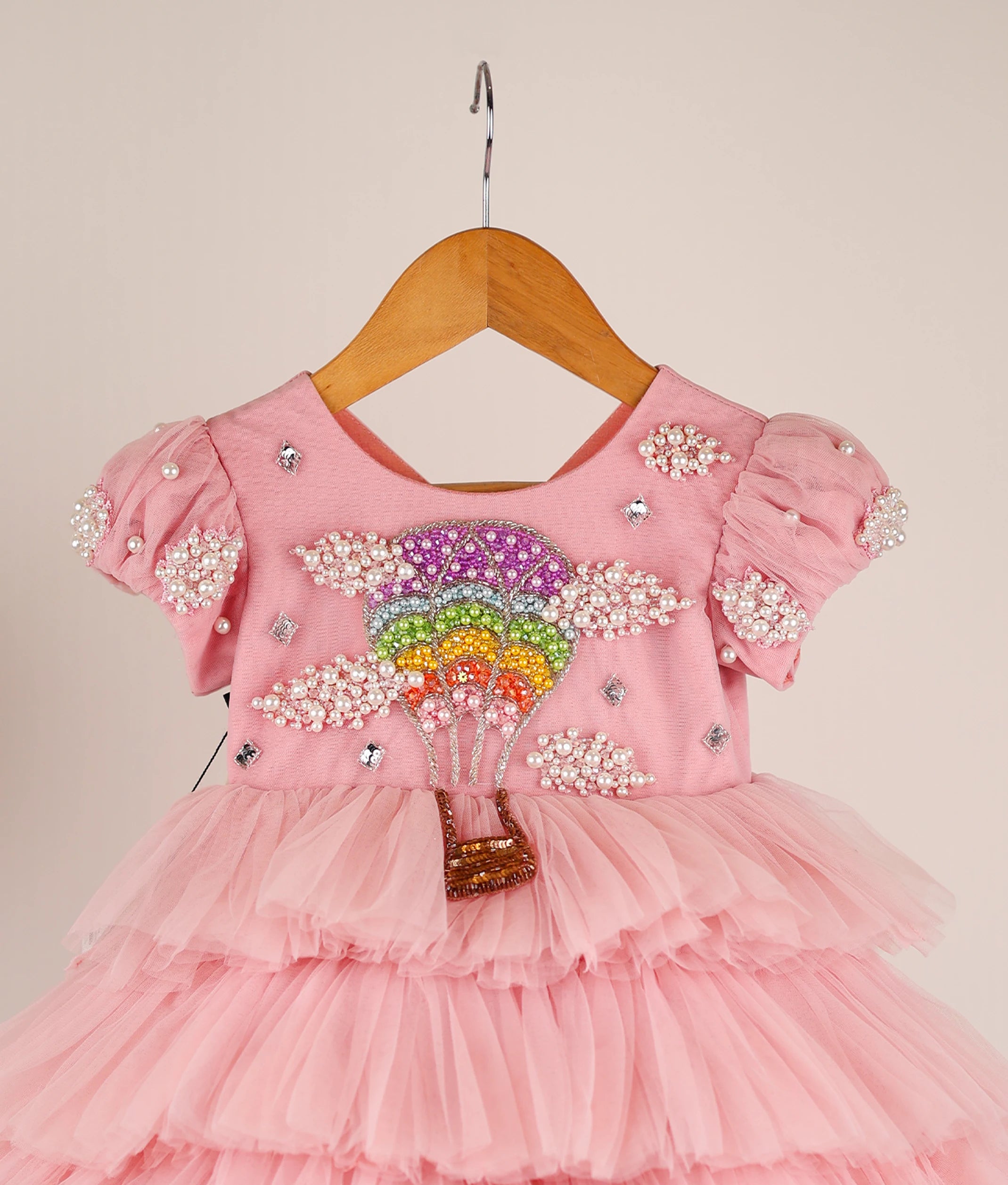 Pink Tulle Net Handworked Rainbow Theme Step Birthday Frock For Baby Girl [Pre-order :5182]
