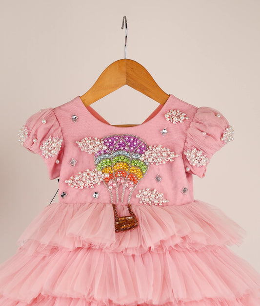 Pink Tulle Net Handworked Rainbow Theme Step Birthday Frock For Baby Girl [Pre-order :5182]