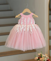 Pastel Pink Tulle Net Floral Applique Birthday Frock [Pre Order: 5208]