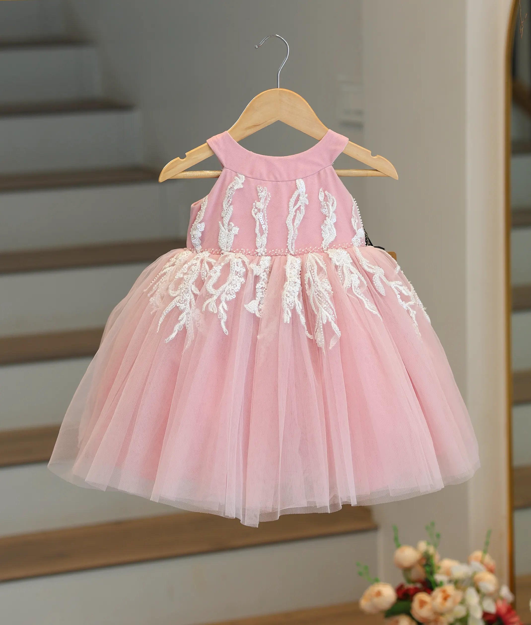 Pastel Pink Tulle Net Floral Applique Birthday Frock [Pre Order: 5208]
