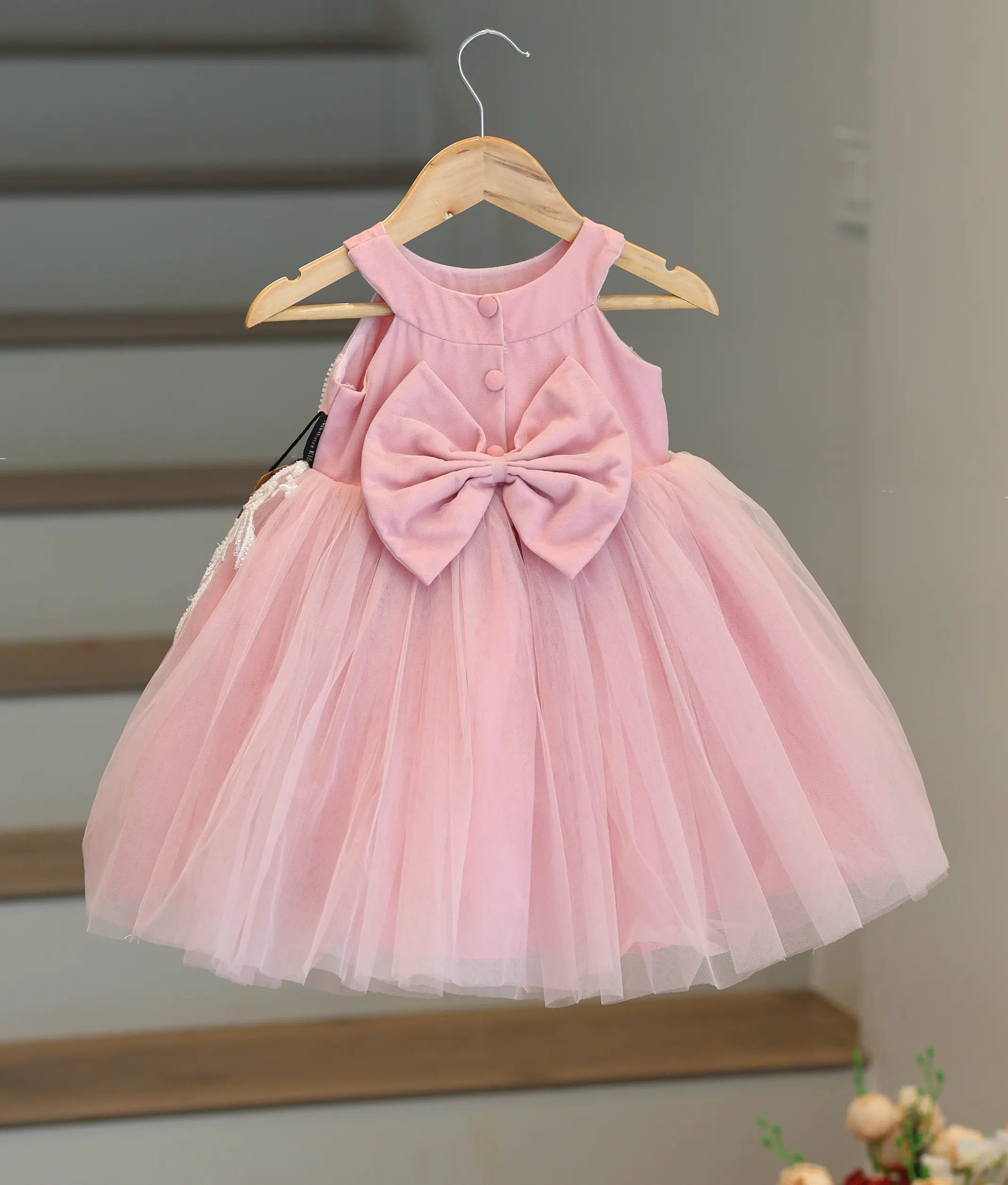 Pastel Pink Tulle Net Floral Applique Birthday Frock [Pre Order: 5208]
