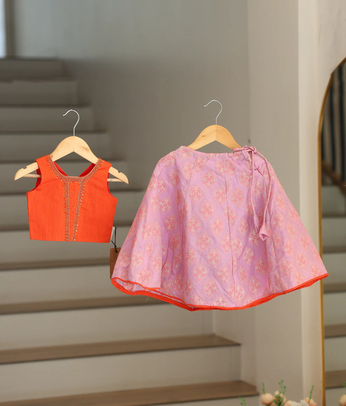 Orange Raw Cotta Hand worked Top with Pink Banarasi Skirt for Baby Girl [5210]
