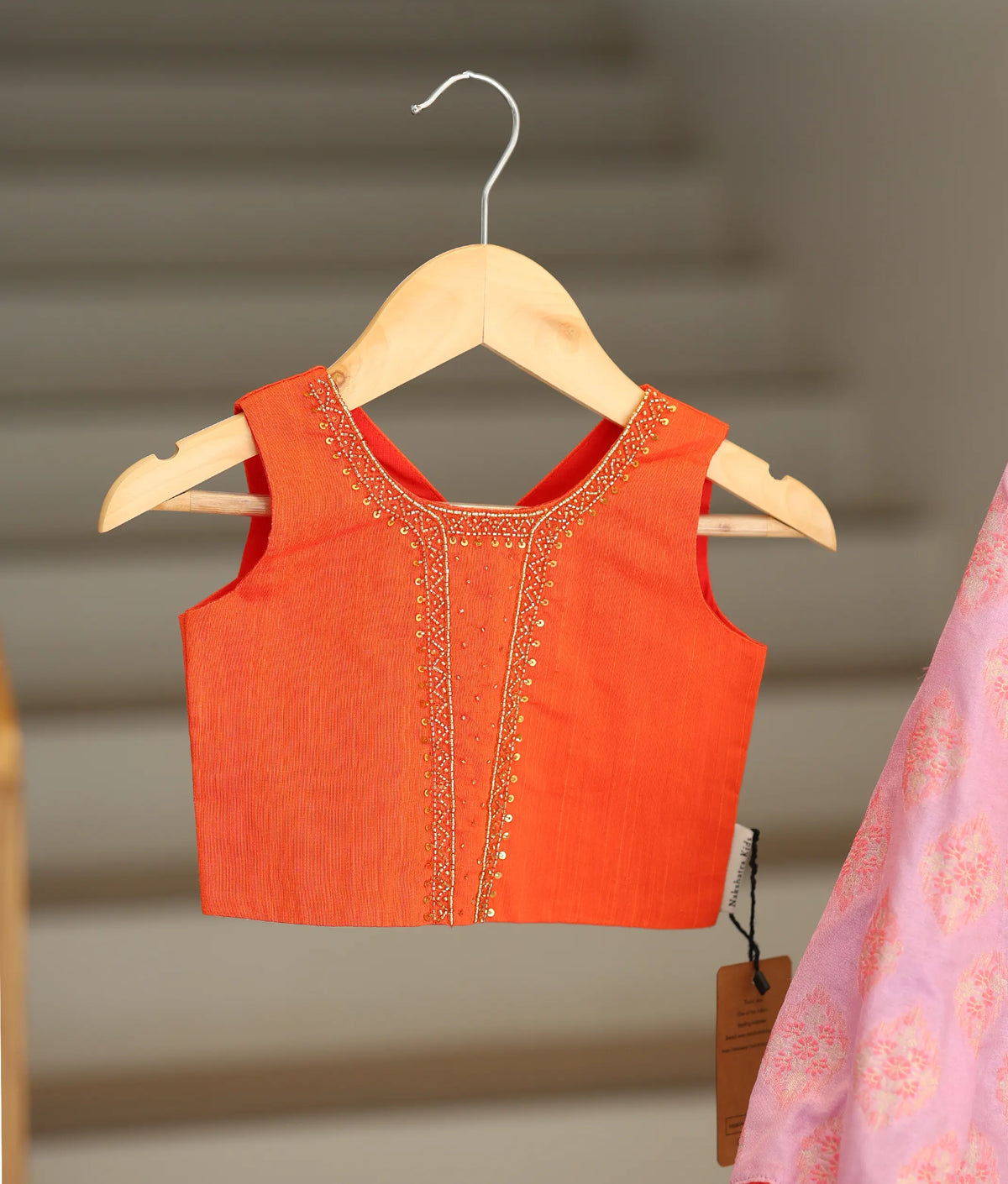 Orange Raw Cotta Hand worked Top with Pink Banarasi Skirt for Baby Girl [5210]