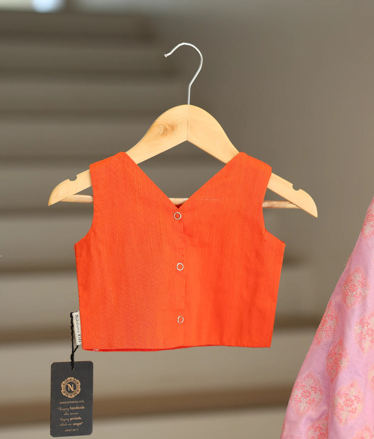 Orange Raw Cotta Hand worked Top with Pink Banarasi Skirt for Baby Girl [5210]