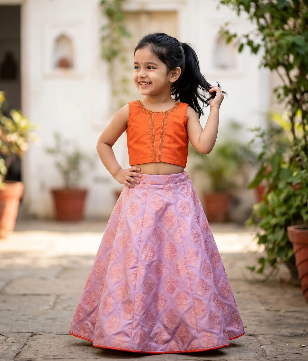 Orange Raw Cotta Hand worked Top with Pink Banarasi Skirt for Baby Girl [5210]