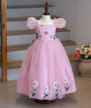 Pastel Pink Tulle Net Handworked Flower Theme Birthday Gown For Baby Girl [Pre Order: 5216]