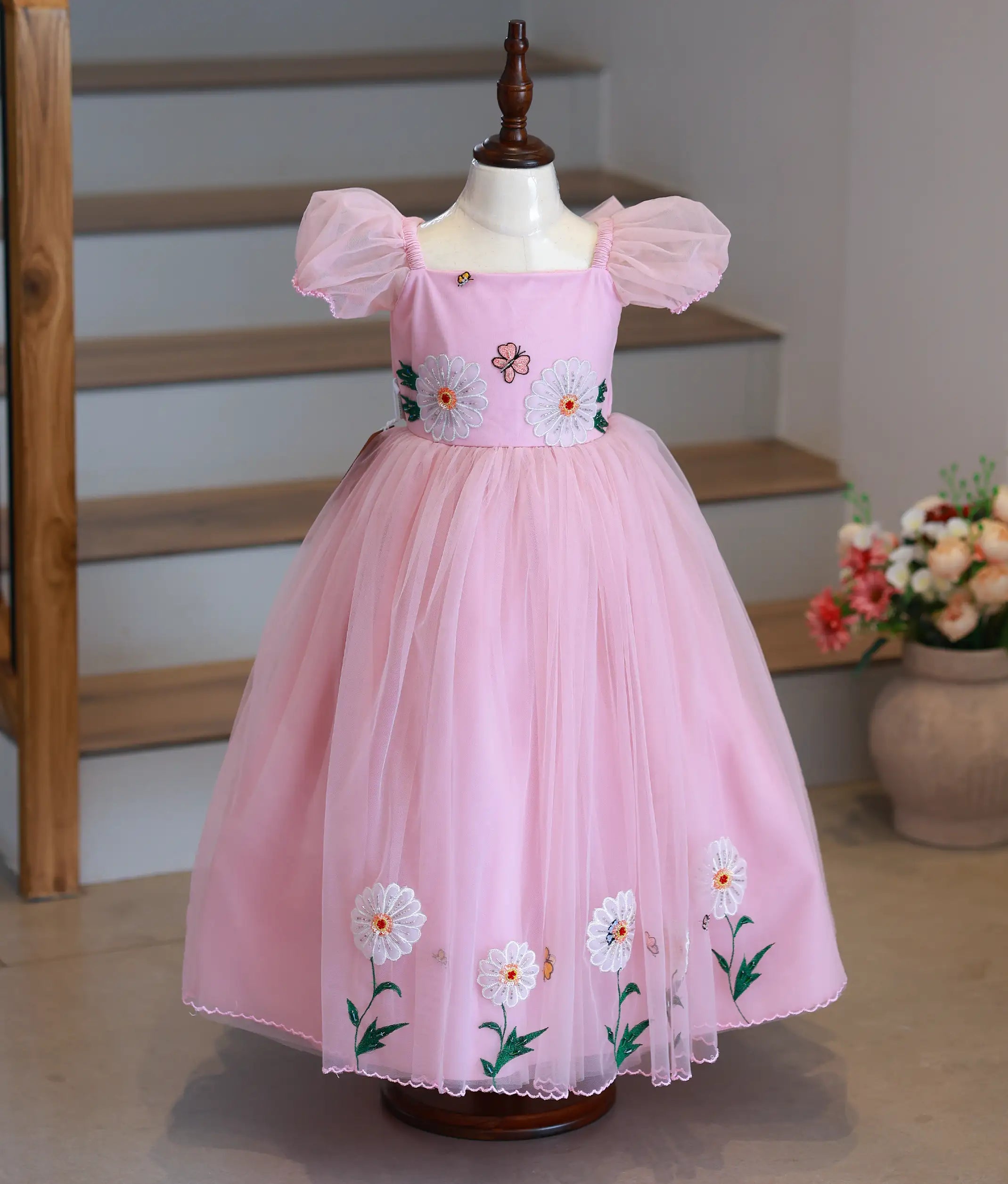 Pastel Pink Tulle Net Handworked Flower Theme Birthday Gown For Baby Girl [Pre Order: 5216]
