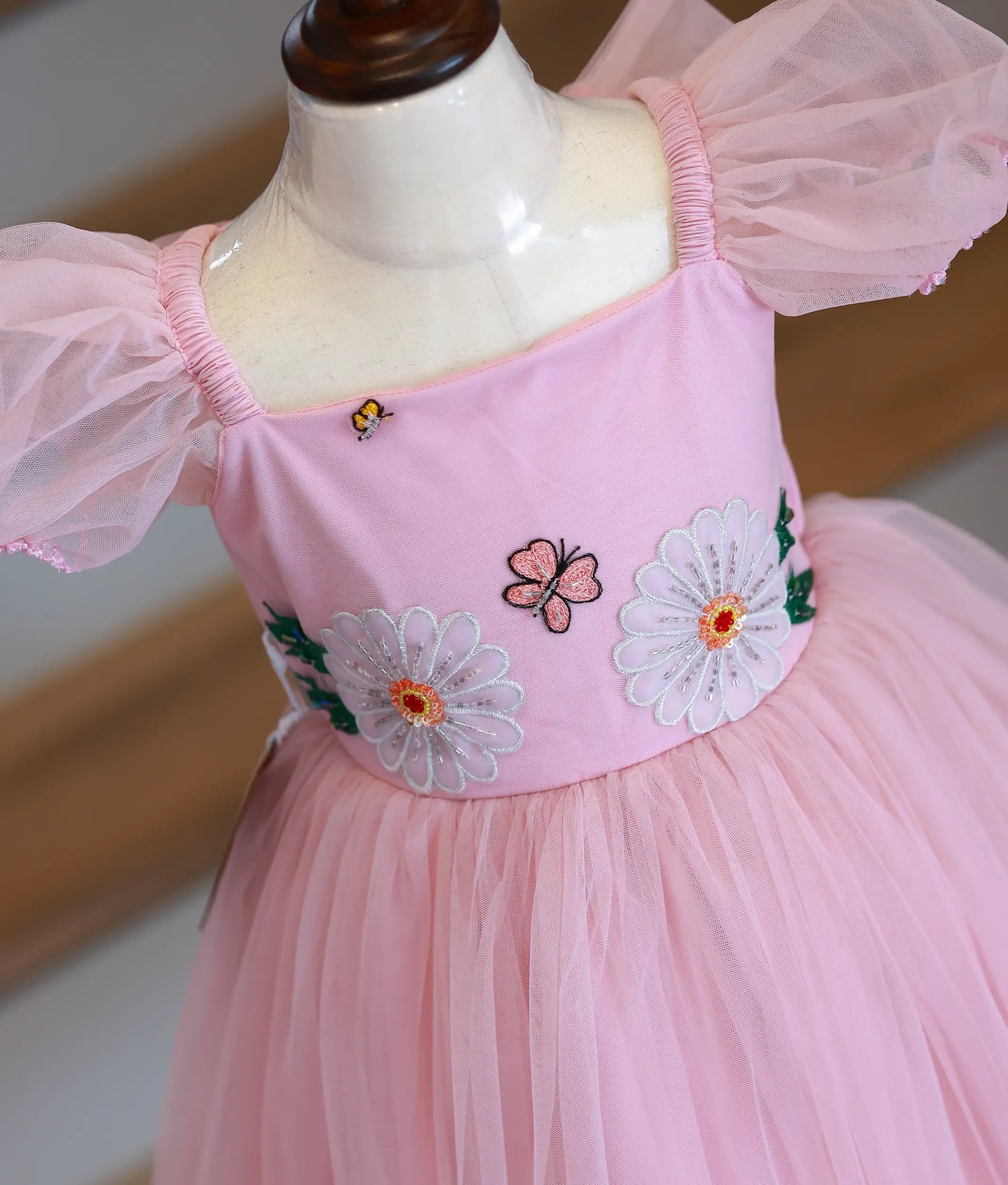 Pastel Pink Tulle Net Handworked Flower Theme Birthday Gown For Baby Girl [Pre Order: 5216]