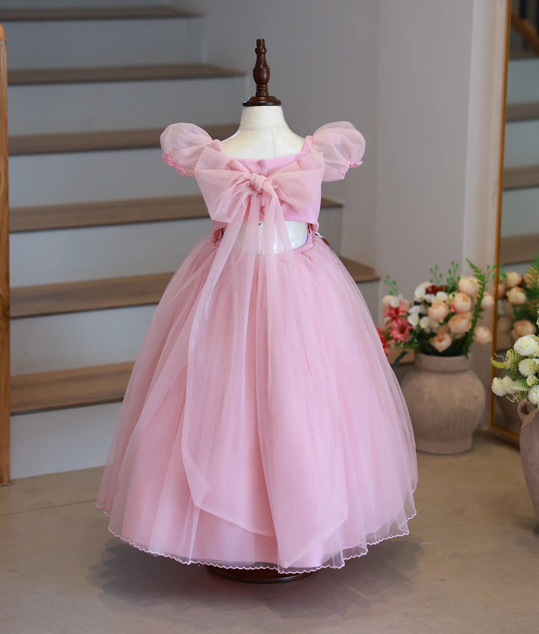 Pastel Pink Tulle Net Handworked Flower Theme Birthday Gown For Baby Girl [Pre Order: 5216]