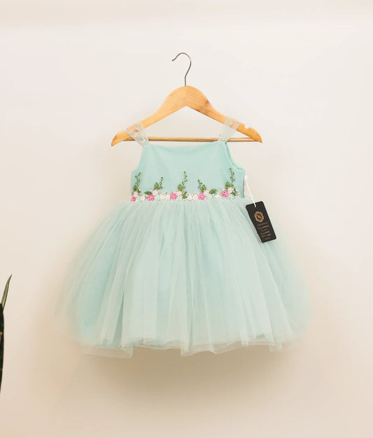 Front view of powder blue tulle net handworked birthday frock