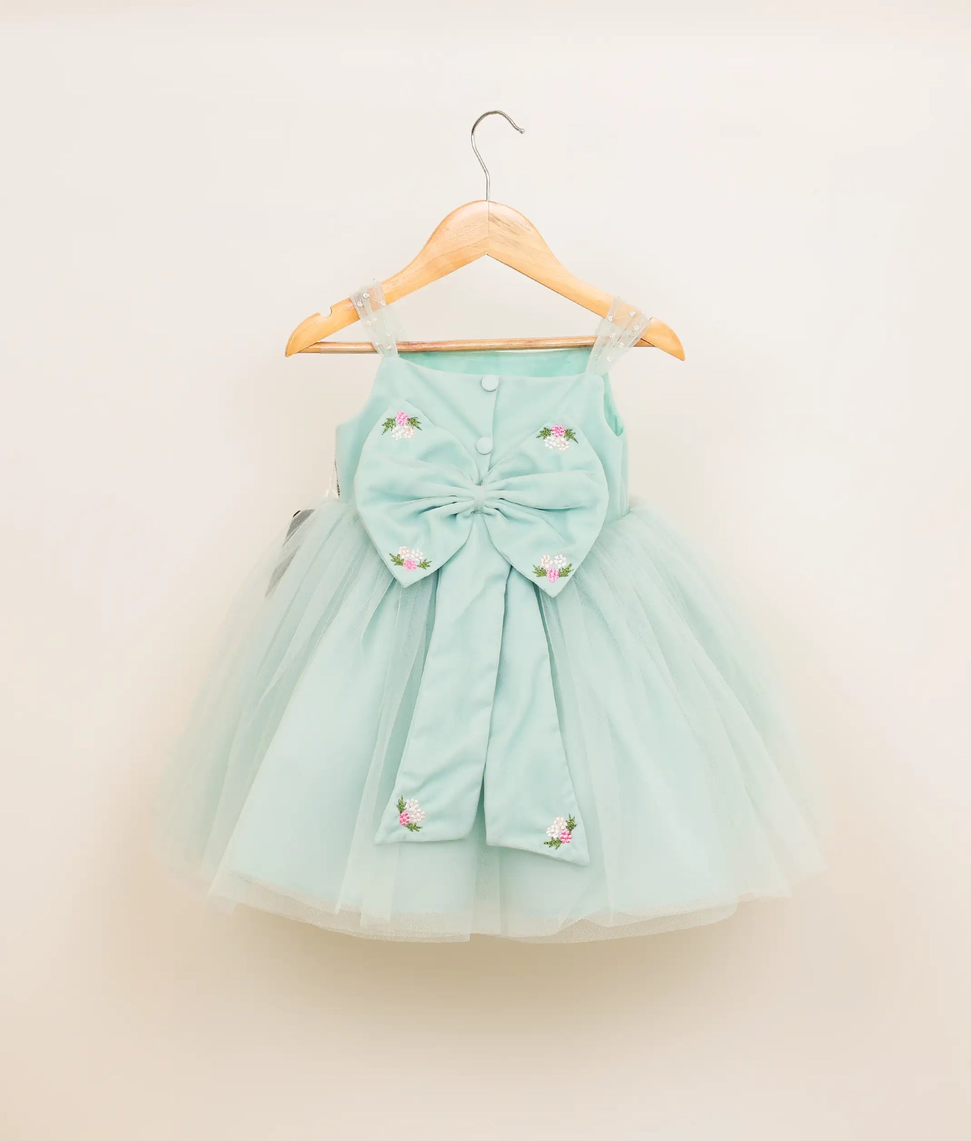 Back view of powder blue tulle net handworked birthday frock