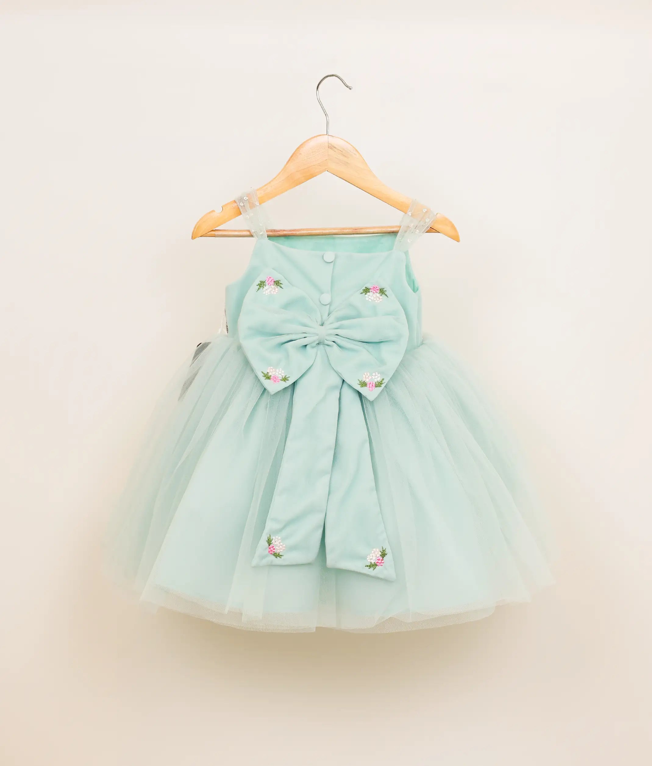 Back view of powder blue tulle net handworked birthday frock
