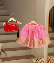 Red Tulle Net Handworked Top With Pink Printed Organza Skirt For Baby Girl [Ready To Ship: 5228A]