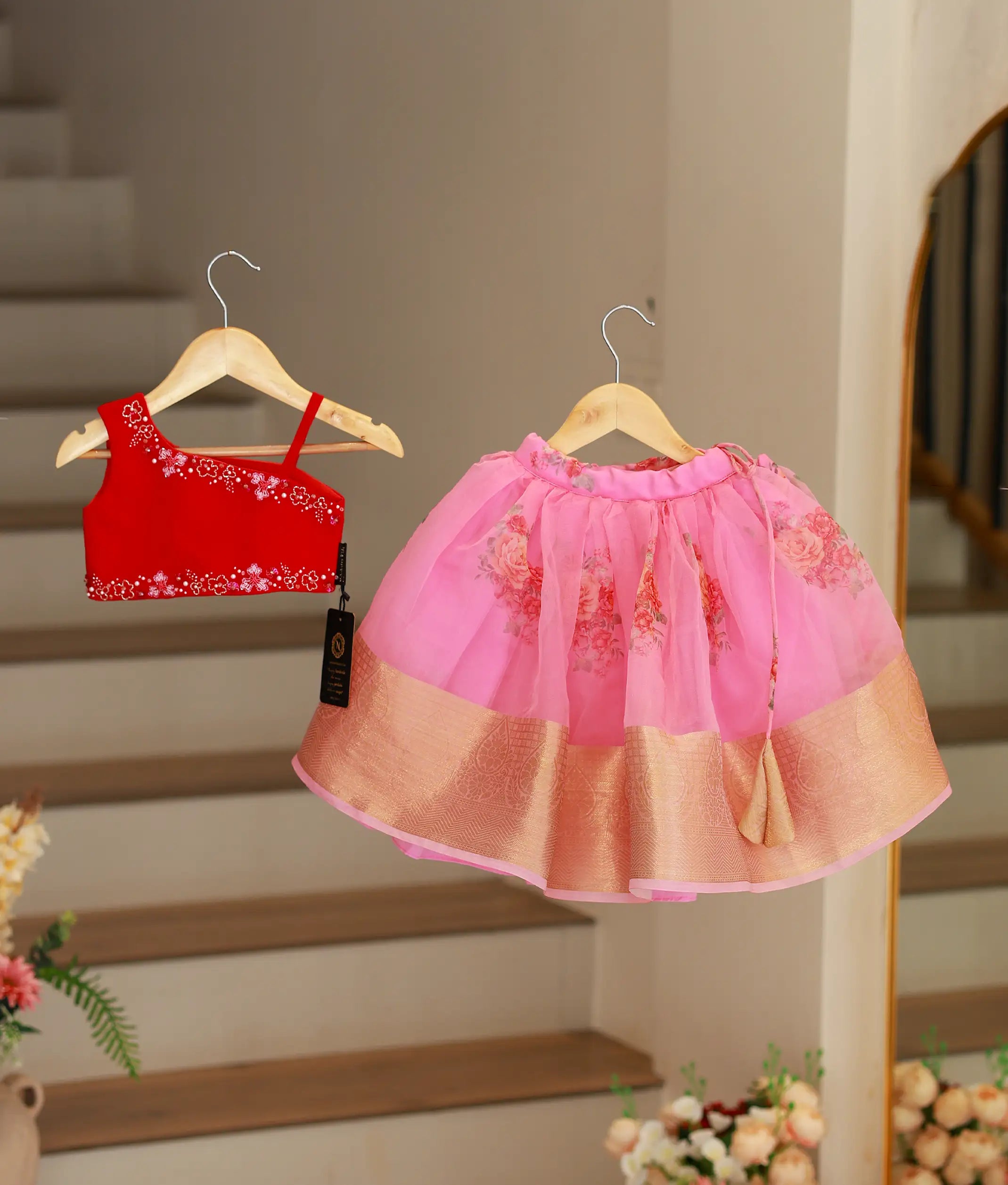 Red Tulle Net Handworked Top With Pink Printed Organza Skirt For Baby Girl [Ready To Ship: 5228A]