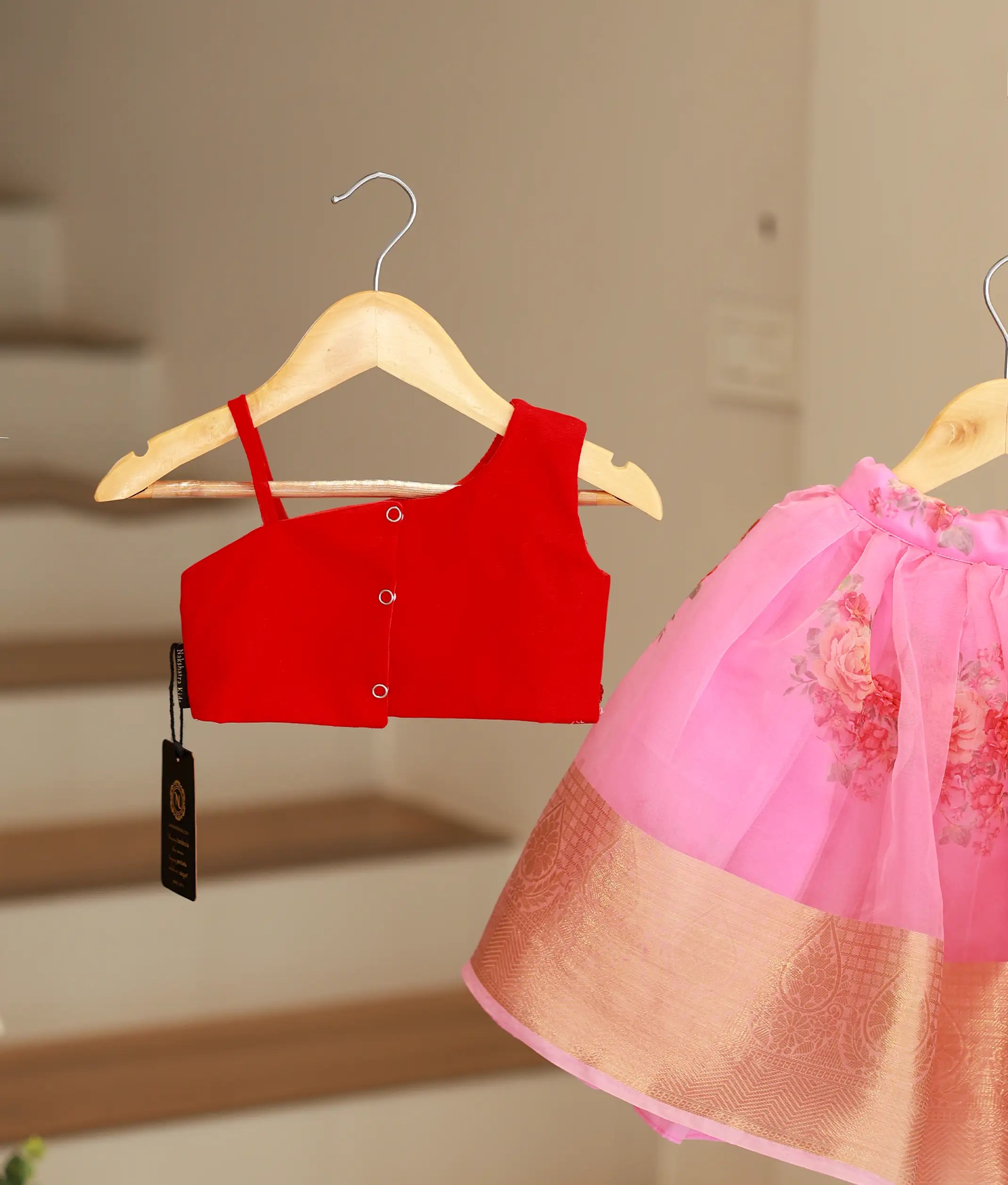 Red Tulle Net Handworked Top With Pink Printed Organza Skirt For Baby Girl [Ready To Ship: 5228A]