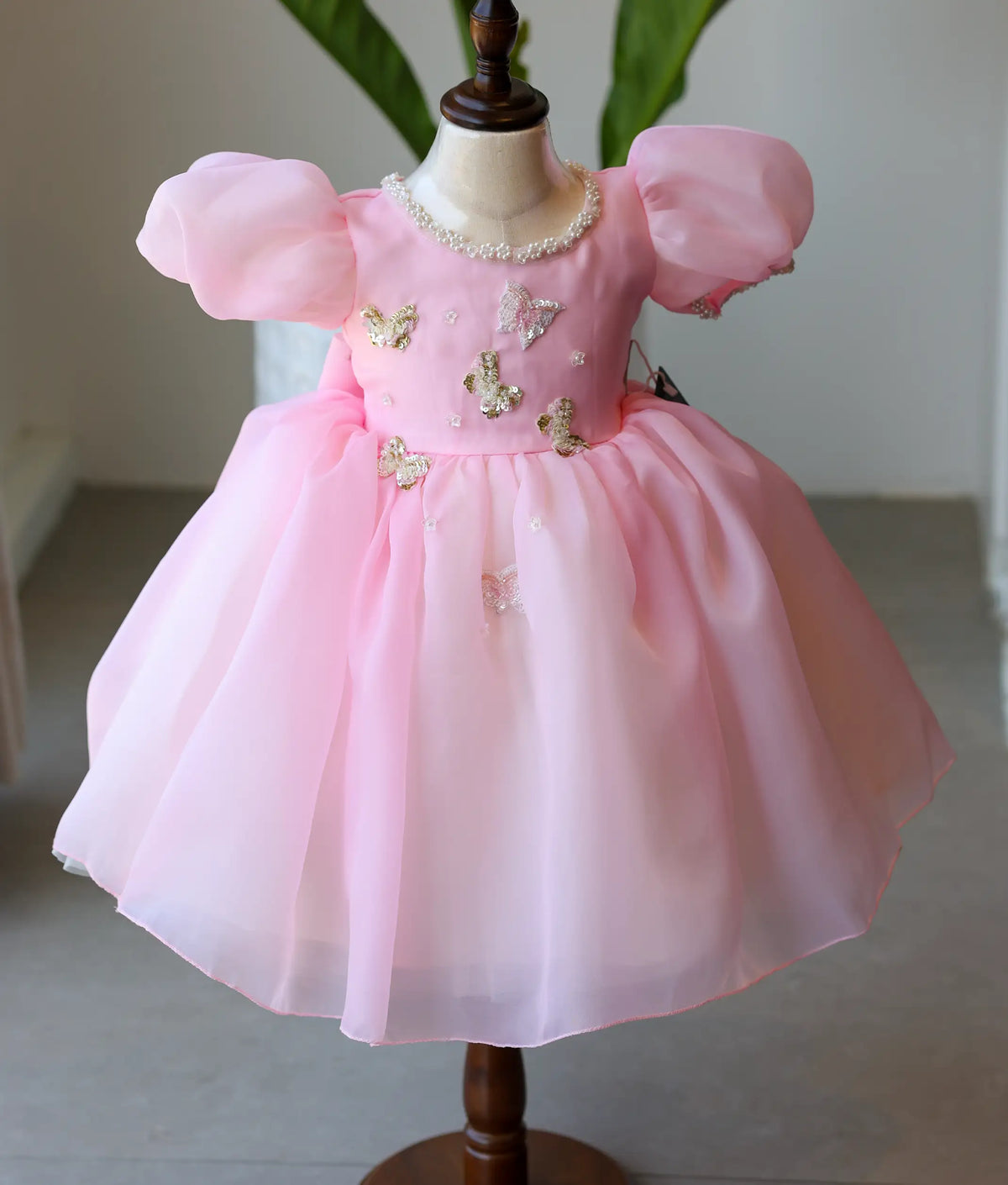 Pink Plain Organza Butterfly Theme Birthday Frock for Baby Girl [5230]