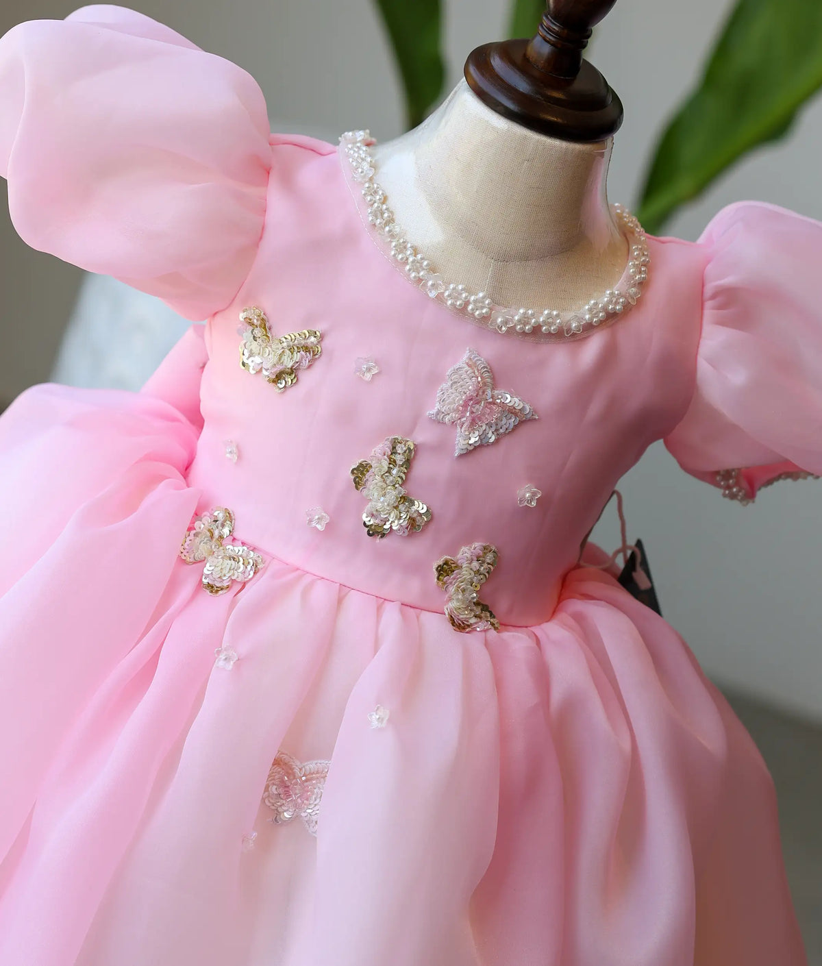 Pink Plain Organza Butterfly Theme Birthday Frock for Baby Girl [5230]