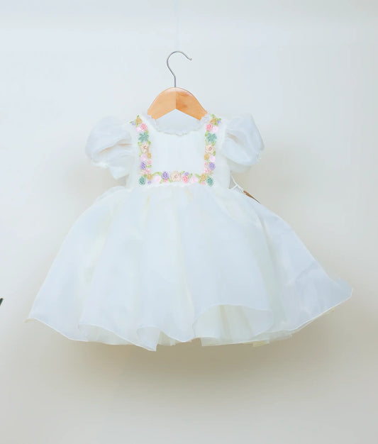 Off-white Plain Organza Handworked Baptism Frock For Baby Girl [Ready To Ship: 5252]