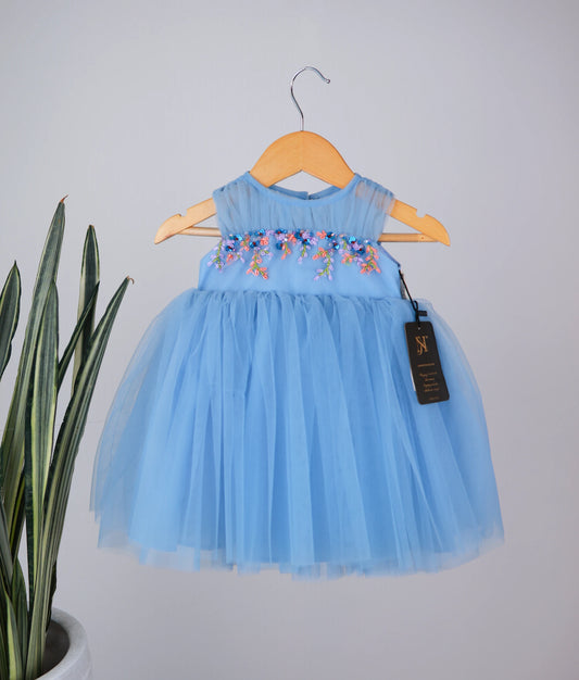 Pastel Blue Tulle Net Floral Embroidery Handworked Birthday Frock For Baby Girl [Ready to ship:5253]