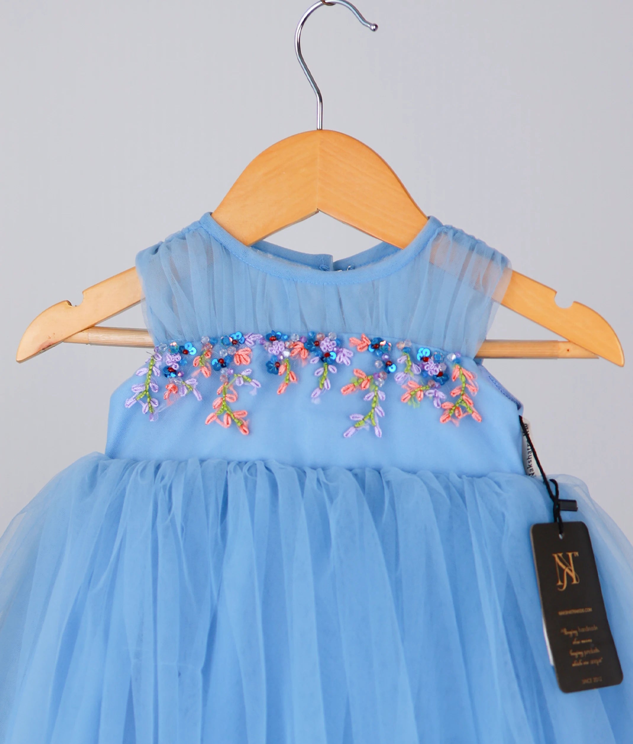 Pastel Blue Tulle Net Floral Embroidery Handworked Birthday Frock For Baby Girl [Ready to ship:5253]