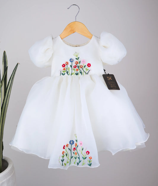 Offwhite Plain Organza Flower Theme Dress For Baby Girl [Pre-Order : 5268]