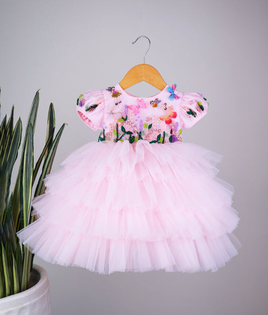 Powder Pink Tulle Net Handworked  Butterfly Theme Step Birthday Dress For Baby Girl [Pre Order : 5278]