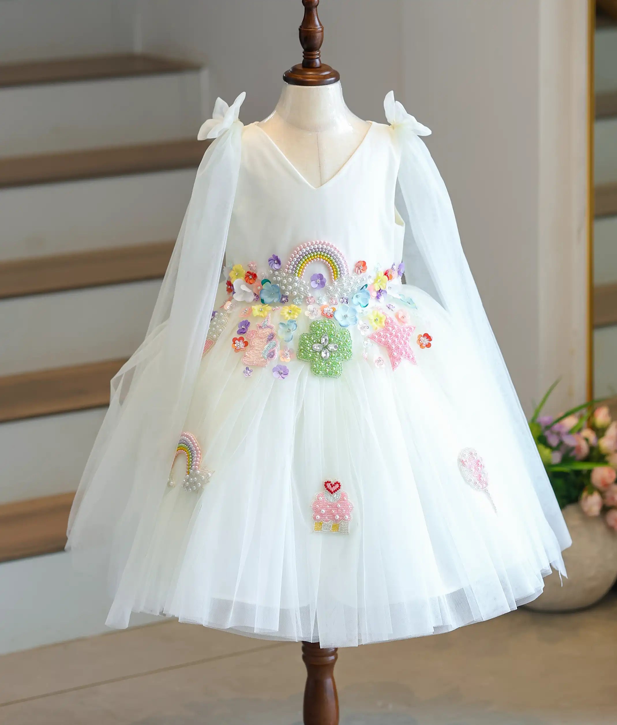 Off White Tulle Net Handworked Multi Theme Birthday Frock For Baby Girl [5280]