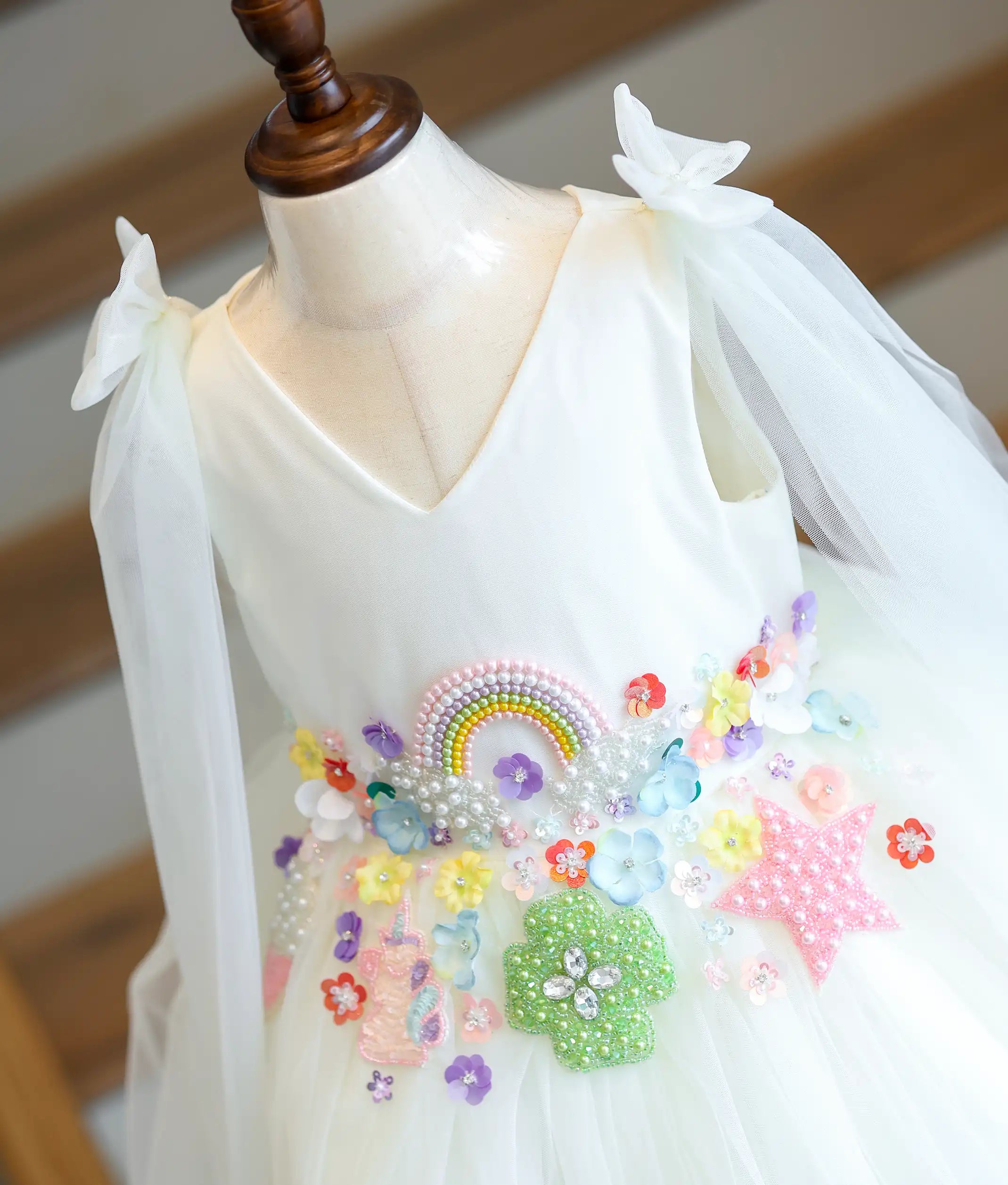 Off White Tulle Net Handworked Multi Theme Birthday Frock For Baby Girl [5280]
