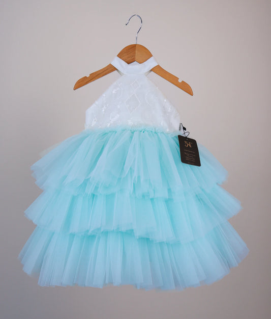 Off White Halter Neck Yoke with Pastel Blue Step Birthday Frock For Baby Girl  [Ready To Ship: 5289]