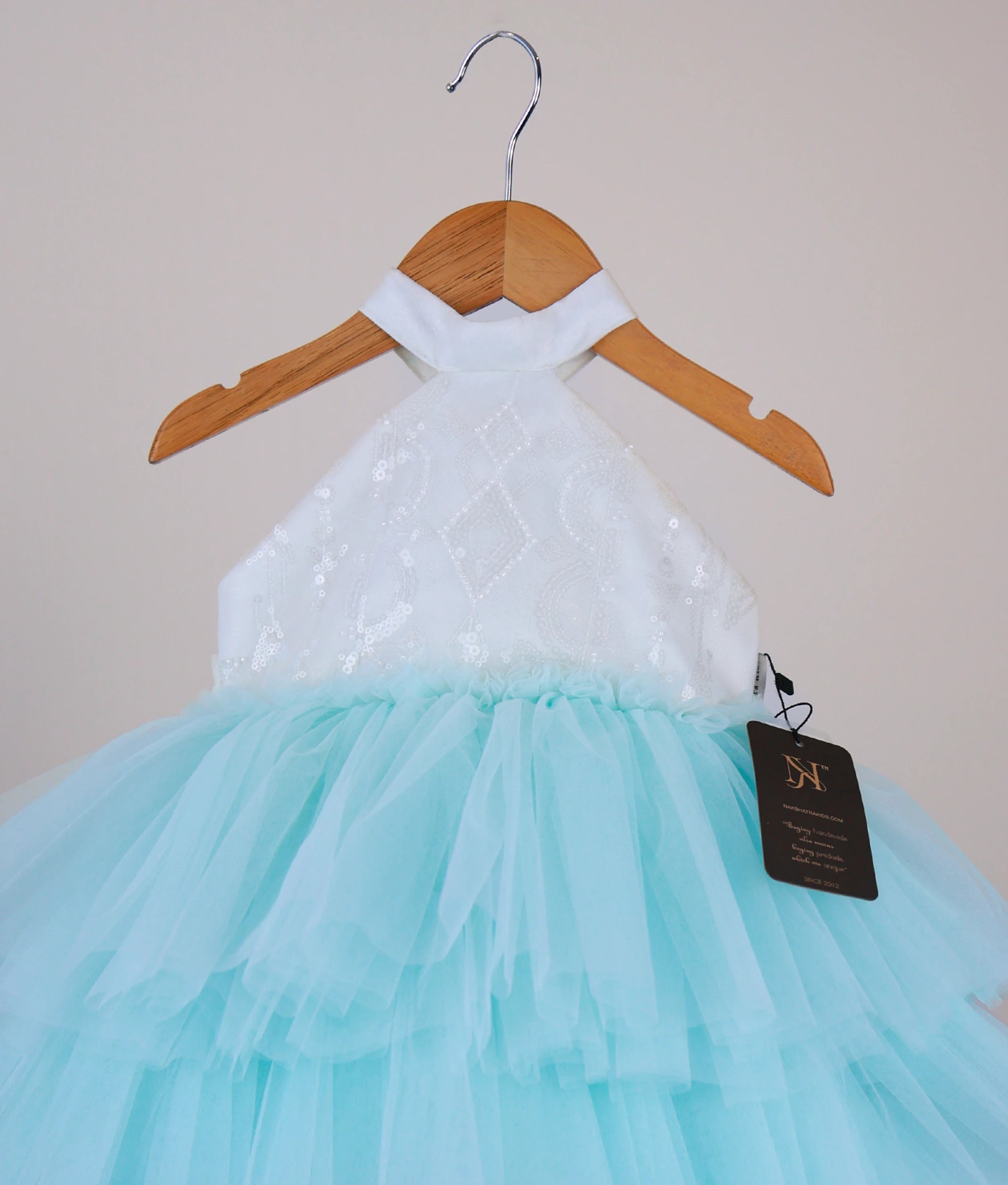 Off White Halter Neck Yoke with Pastel Blue Step Birthday Frock For Baby Girl  [Ready To Ship: 5289]