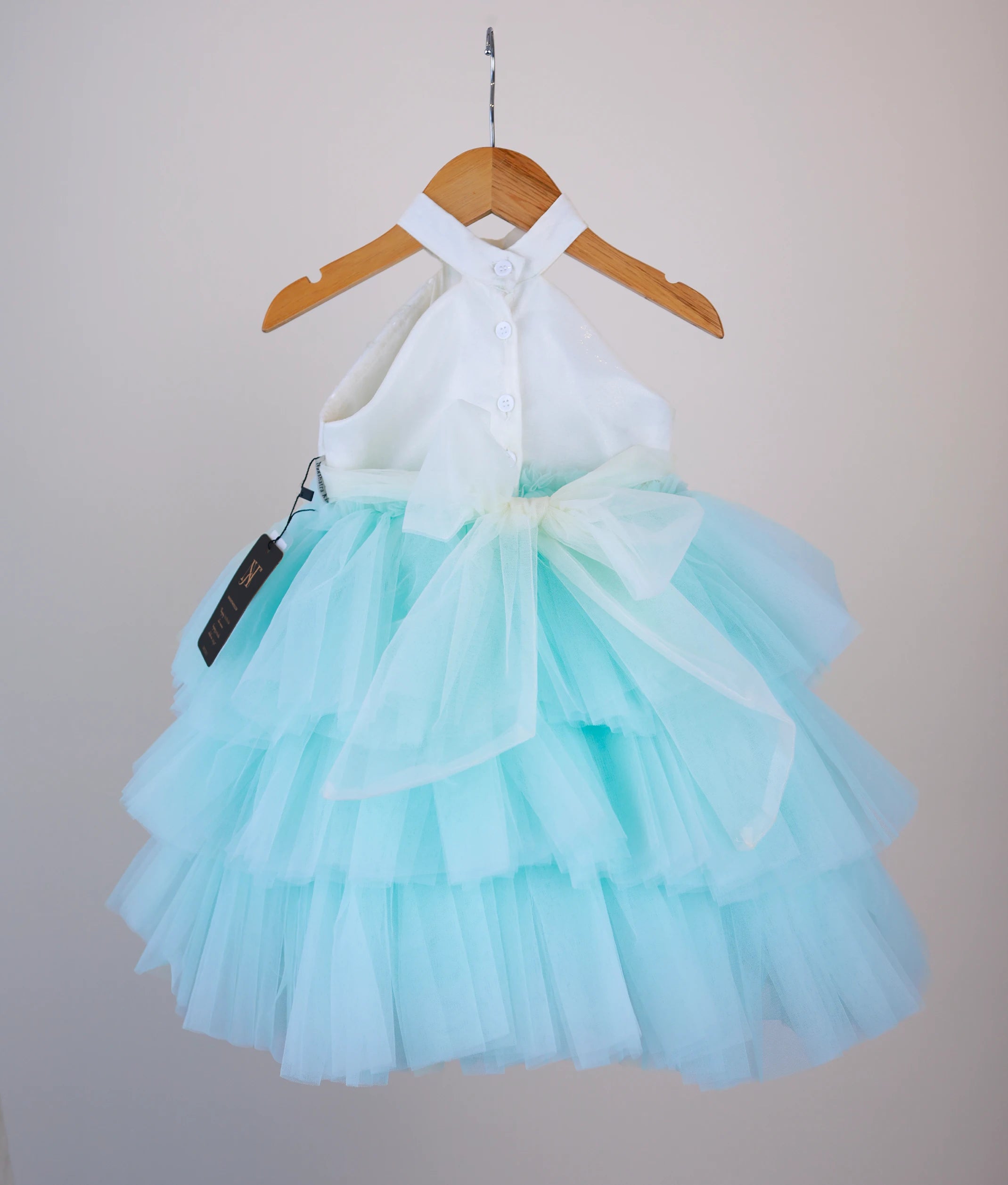 Off White Halter Neck Yoke with Pastel Blue Step Birthday Frock For Baby Girl  [Ready To Ship: 5289]