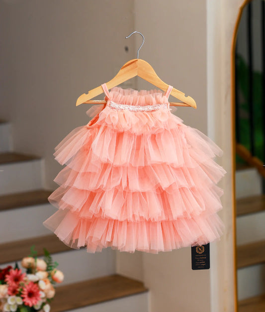 Peach Tulle Net Step Birthday Frock For Baby Girl [Ready To Ship: 5293]