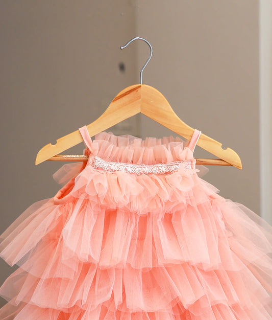 Peach Tulle Net Step Birthday Frock For Baby Girl [Ready To Ship: 5293]