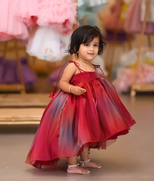 Red multi-shade high-low birthday frock for baby girl 