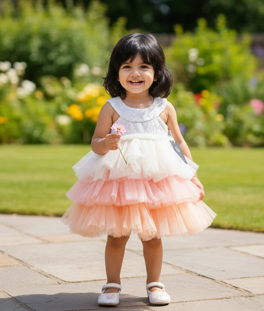 Off-White Work Material Yoke With Peach Step Skirt Birthday Frock For Baby Girl [Ready To Ship: 5304]