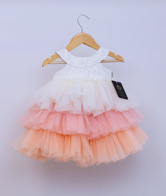 Off-White Work Material Yoke With Peach Step Skirt Birthday Frock For Baby Girl [Ready To Ship: 5304]