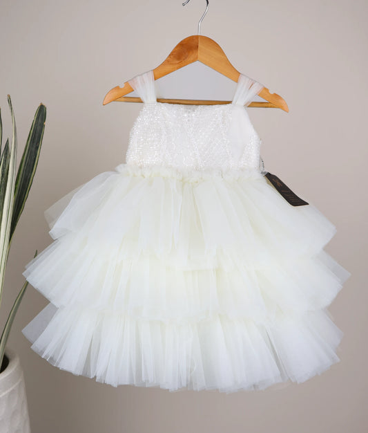 Off-White Tulle Net Step Birthday Frock 
