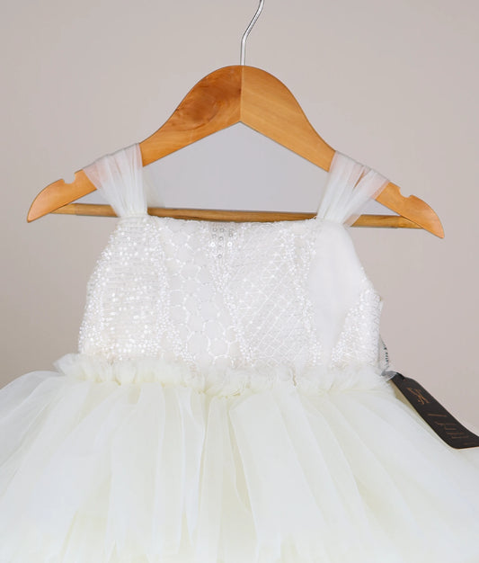 Close view of an off-white Tulle Net Step Birthday Frock 