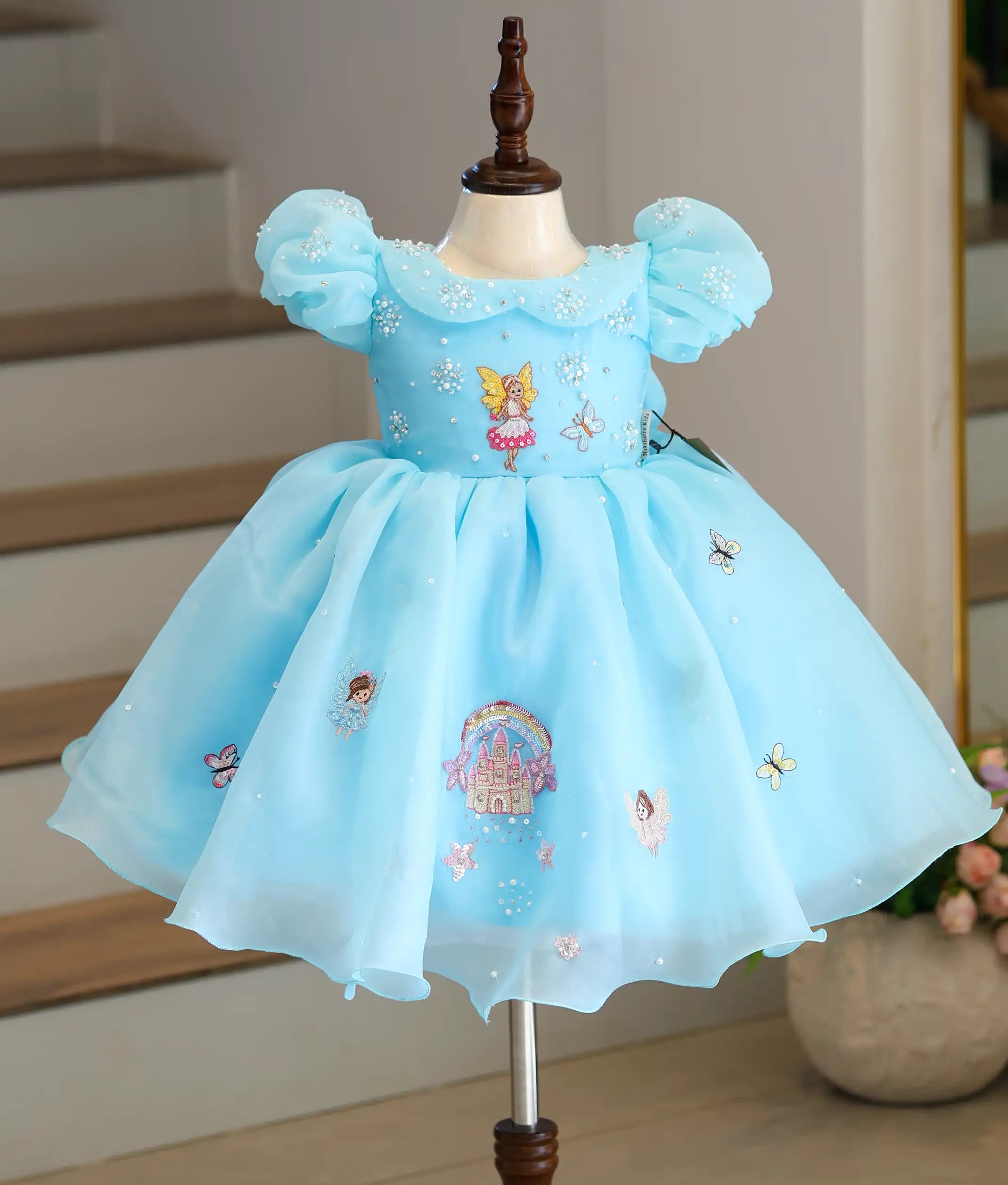 Sky Blue Plane Organza Castle Theme Birthday Frock For Baby Girl [Pre Order: 5312]