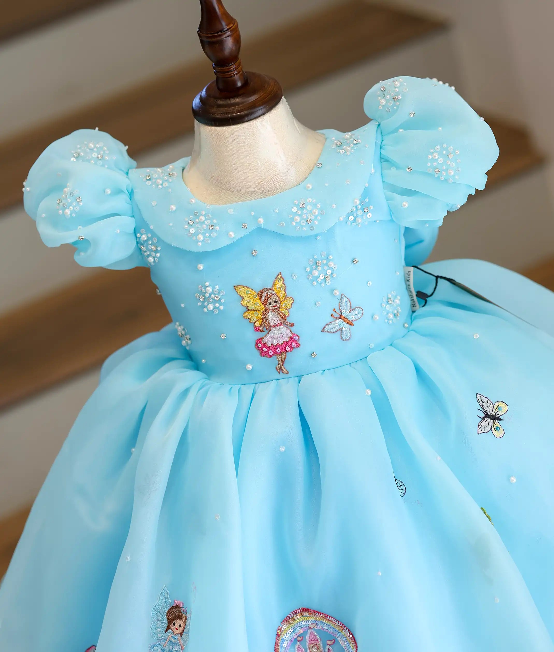 Sky Blue Plane Organza Castle Theme Birthday Frock For Baby Girl [Pre Order: 5312]