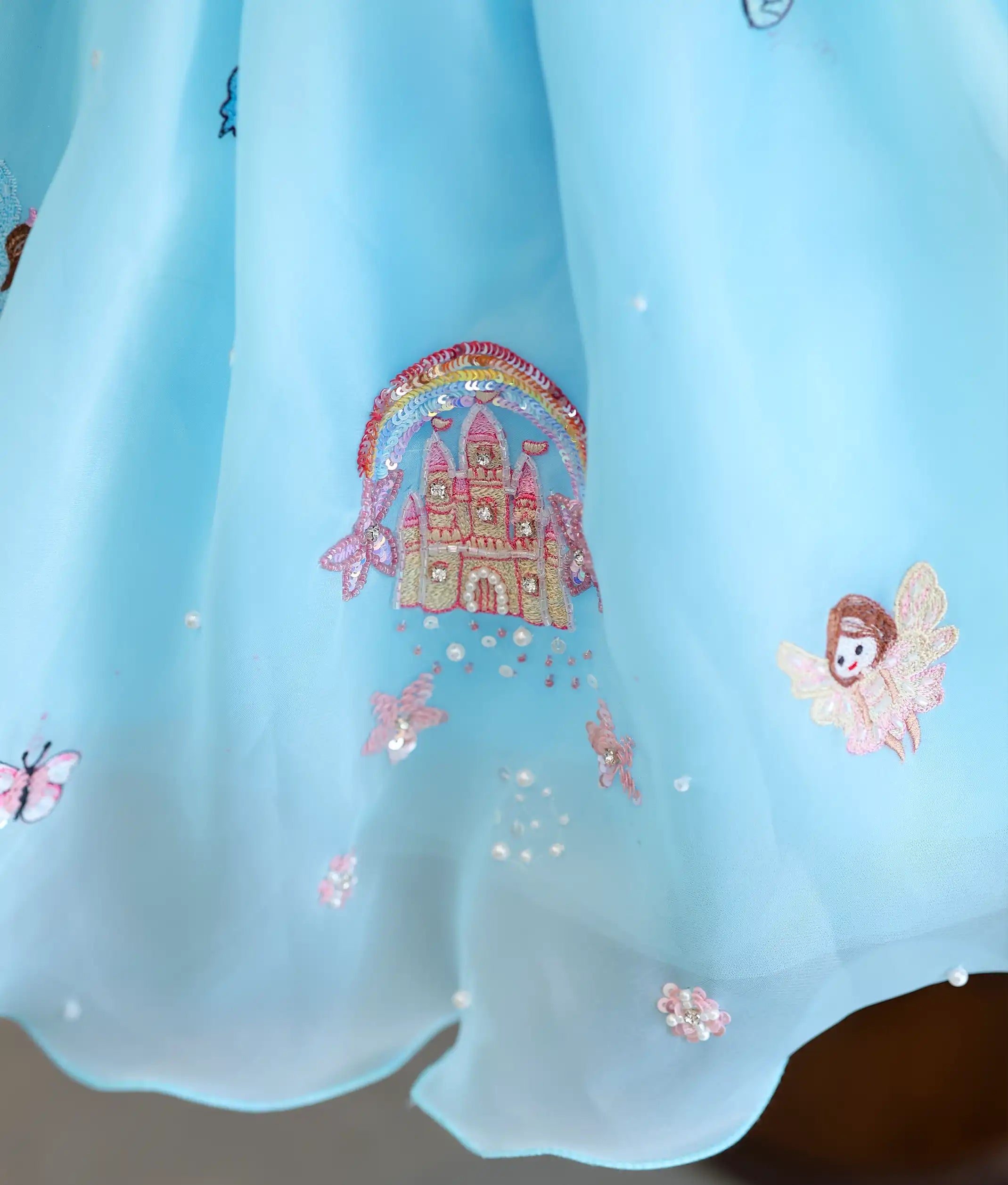 Sky Blue Plane Organza Castle Theme Birthday Frock For Baby Girl [Pre Order: 5312]