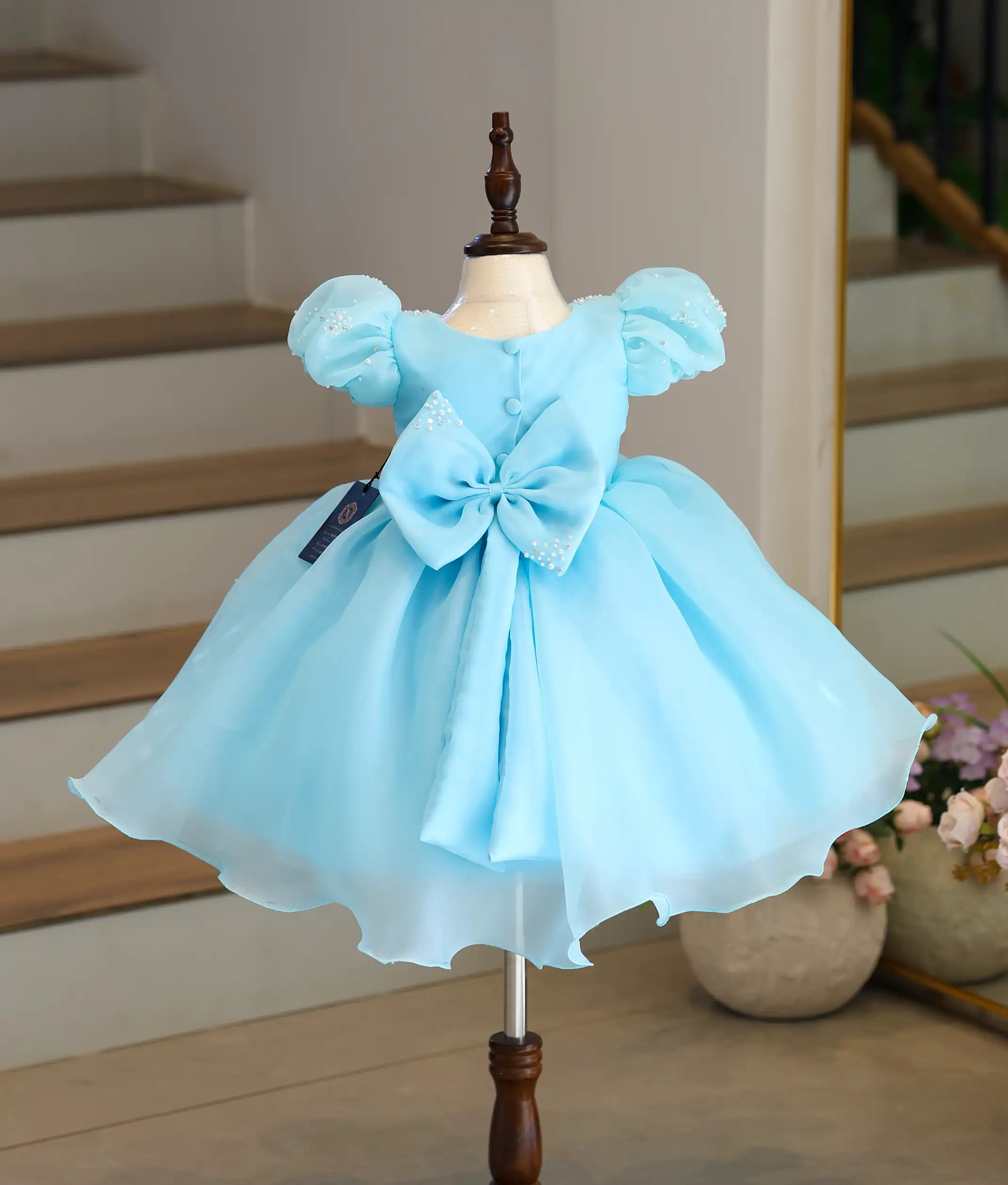 Sky Blue Plane Organza Castle Theme Birthday Frock For Baby Girl [Pre Order: 5312]