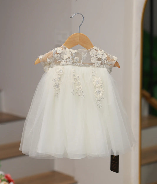 Off-White Floral Applique Work Baptism Frock For Baby Girl [Ready To Ship: 5320]