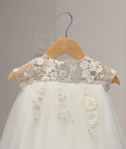 Off-White Floral Applique Work Baptism Frock For Baby Girl [Ready To Ship: 5320]