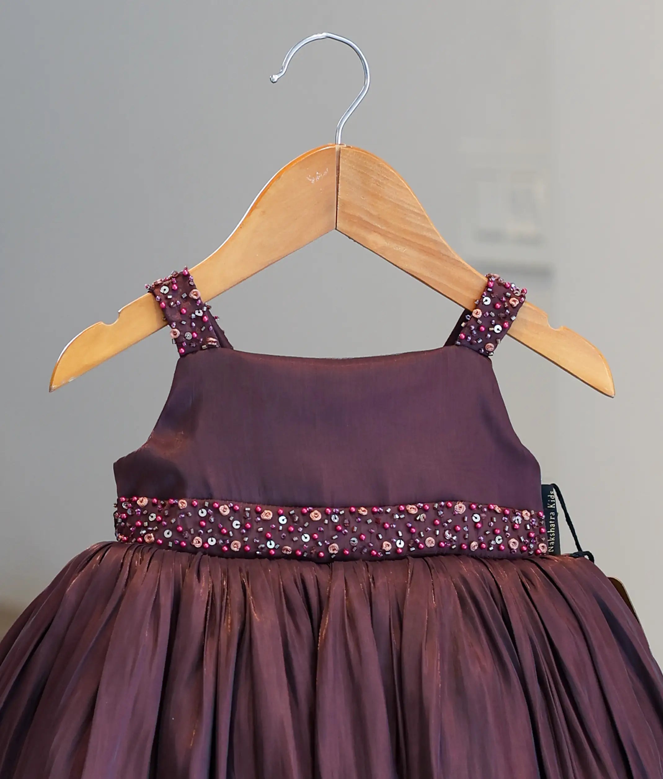 Coffee brown Laser Organza Handworked Birthday Frock For Baby Girl [Ready To Ship: 5321]