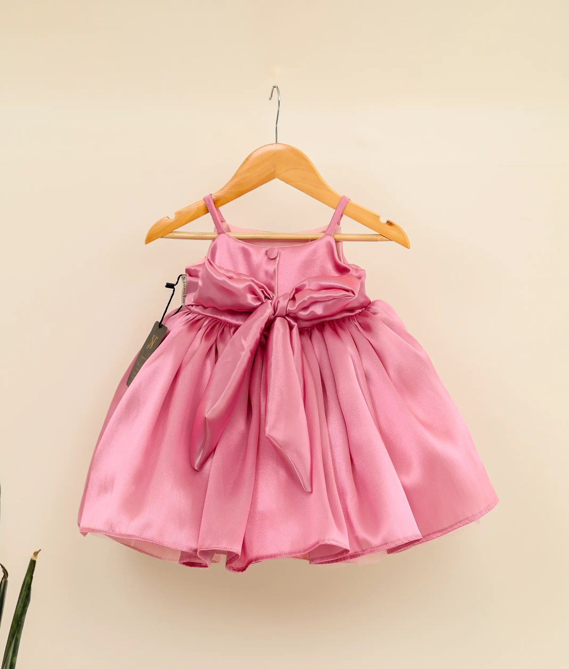 Back view of an rafaella pink cute birthday frock against plain background