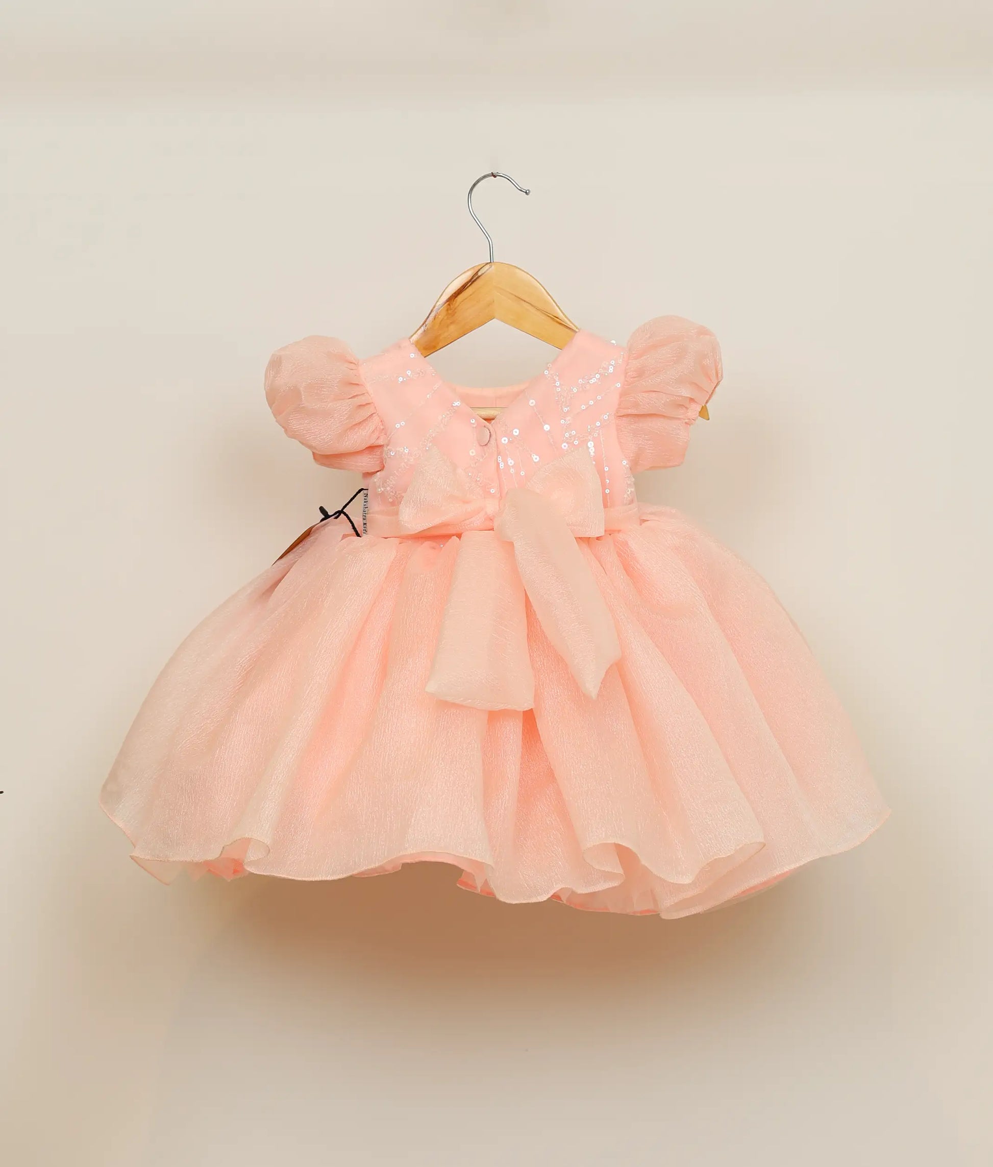 Back view of a pastel pink crush organza birthday frock against plain background